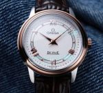 Replica Omega De Ville Watch White Dial Rose Gold Bezel Black Leather Strap